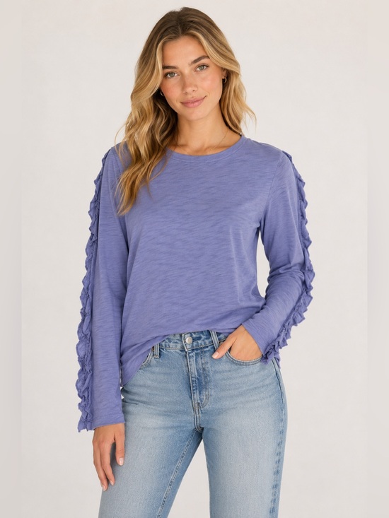 Goldie Tops - Goldie Lewinter Lavender Ruffle Sleeve Slub Knit Long Sleeve Tee S Cotton Peru